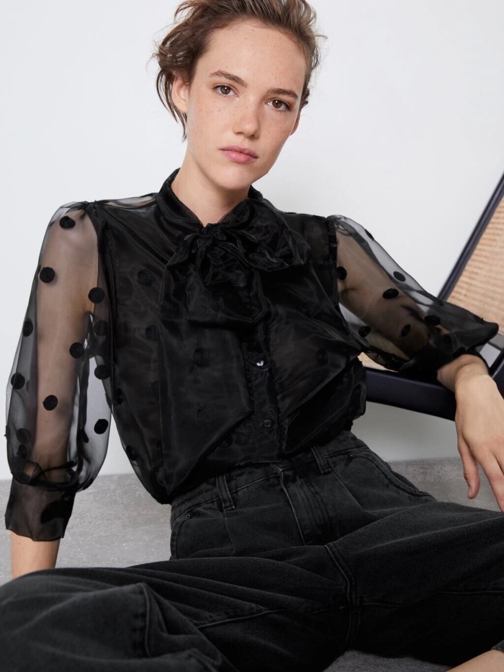 ZARA Black Sheer Polka-Dot Puff Sleeve Bow Blouse - Large